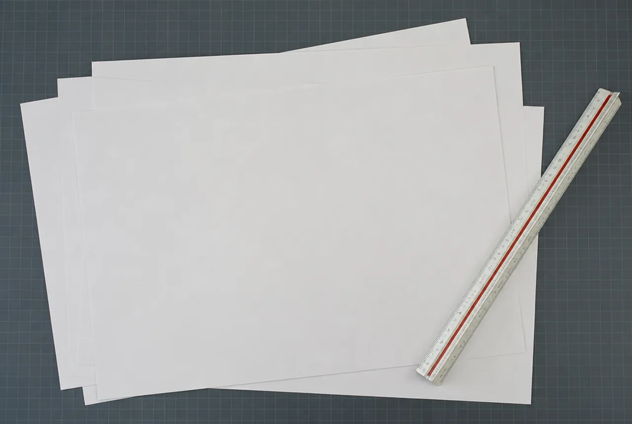 Plain unmarked sheets and a scale rule squared on a desk