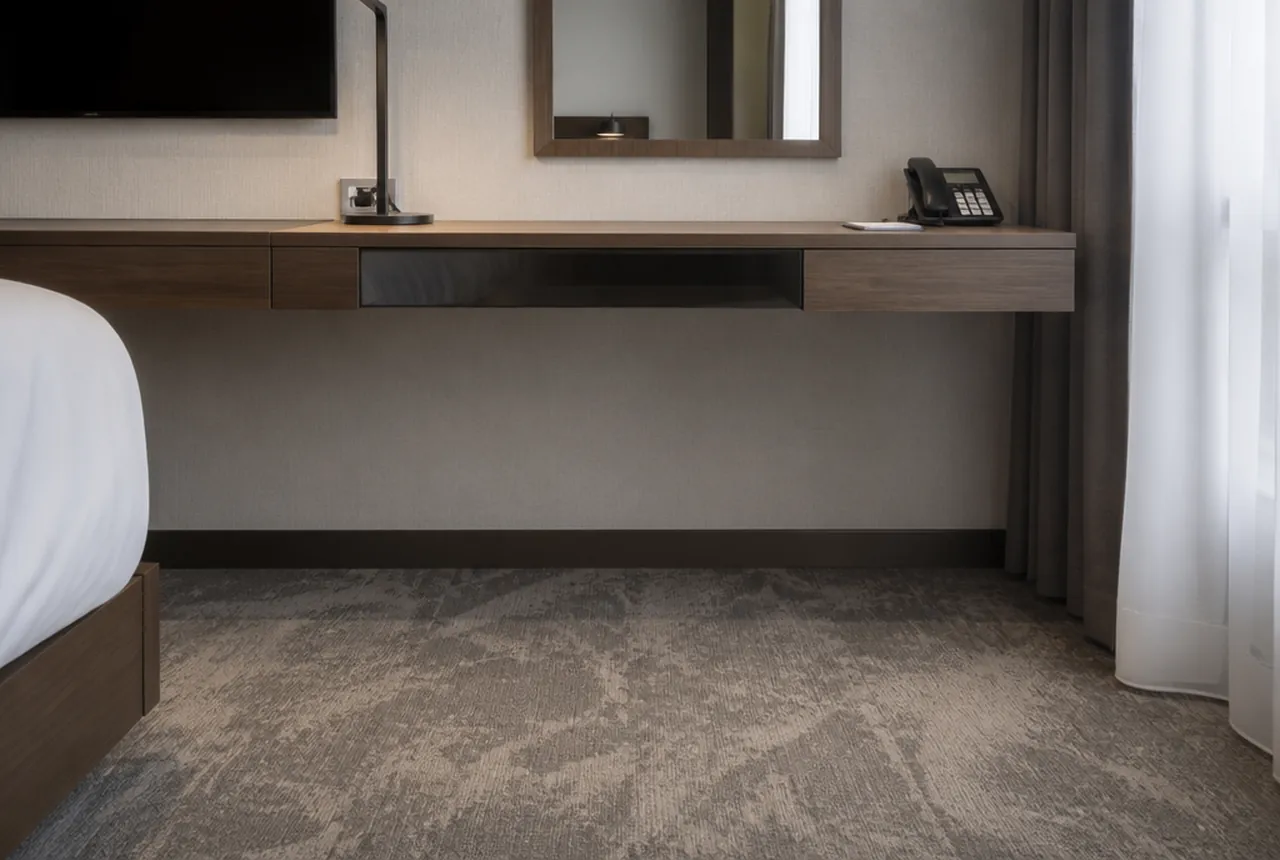 Wall-hung hotel guest room desk with open unobstructed space beneath it