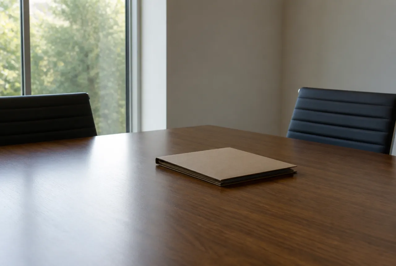 Bare meeting table with two chairs and a single plain closed folder
