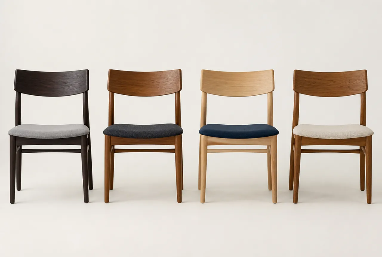 Four complete side chairs from one family standing in a row on pale seamless