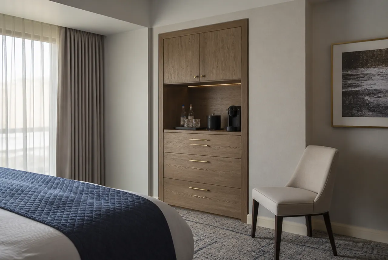 Bespoke casegood fitted into a wall recess beside a plain catalogue side chair