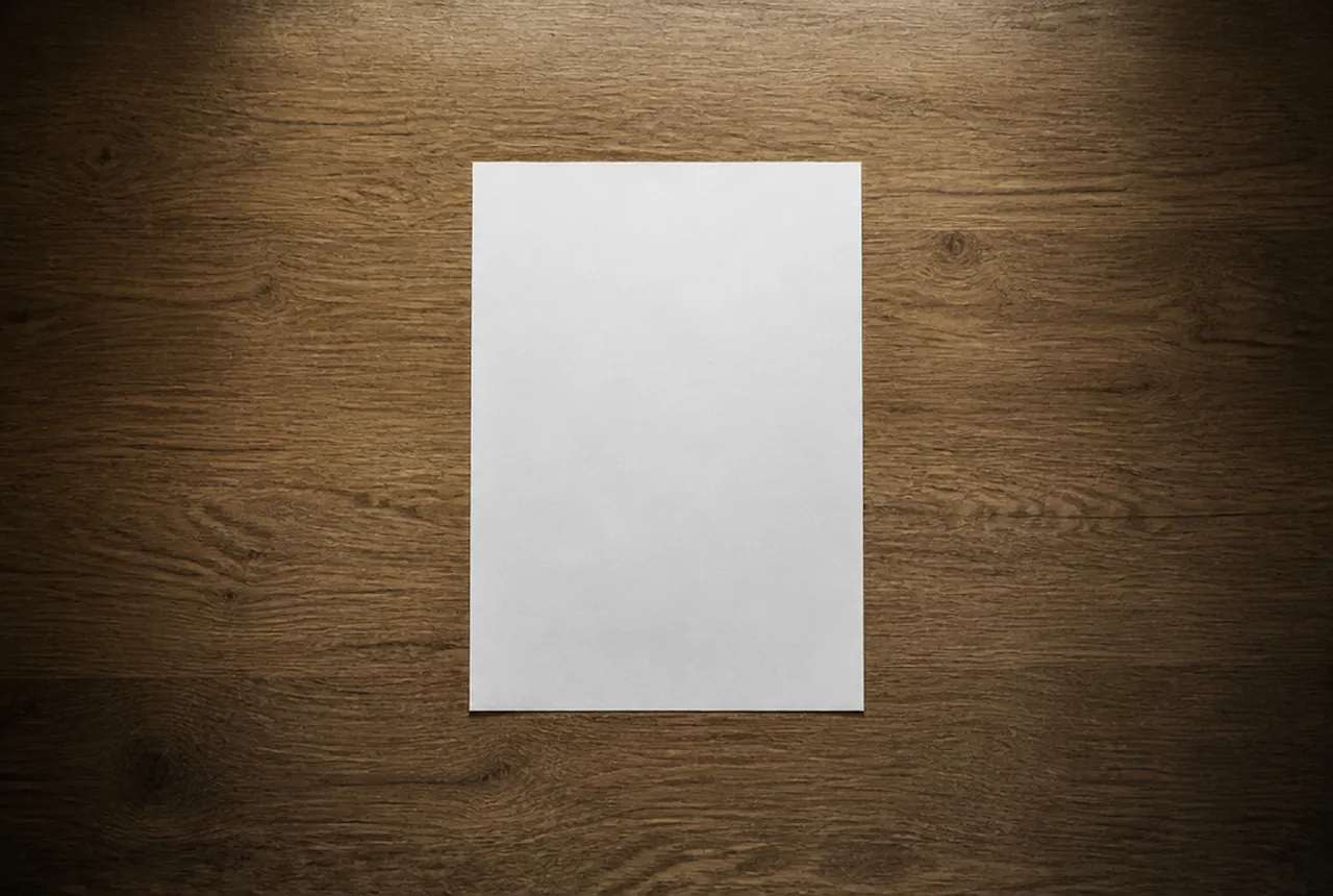 A blank white sheet on a wooden tabletop