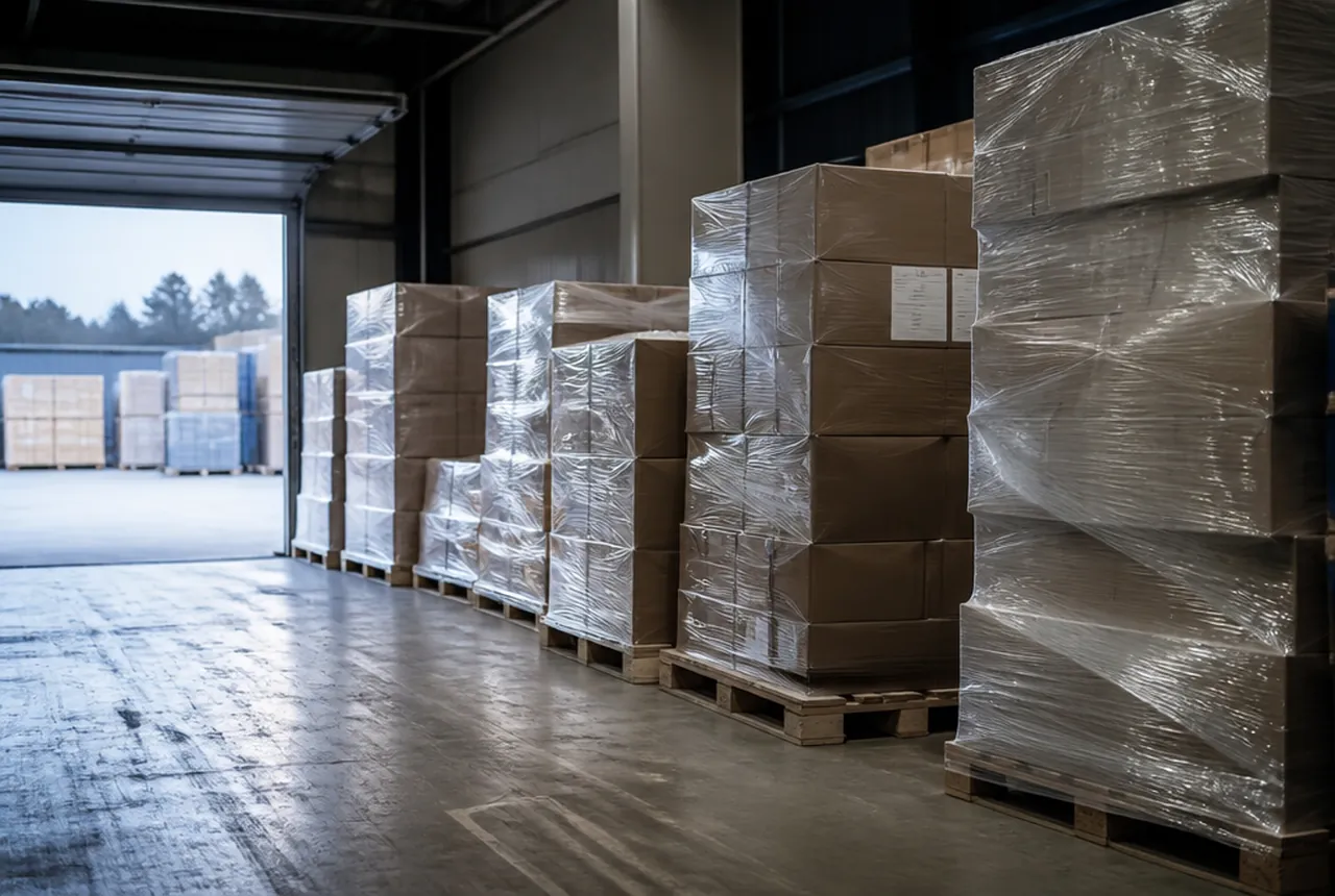 Wrapped cartons on pallets beside a warehouse loading door