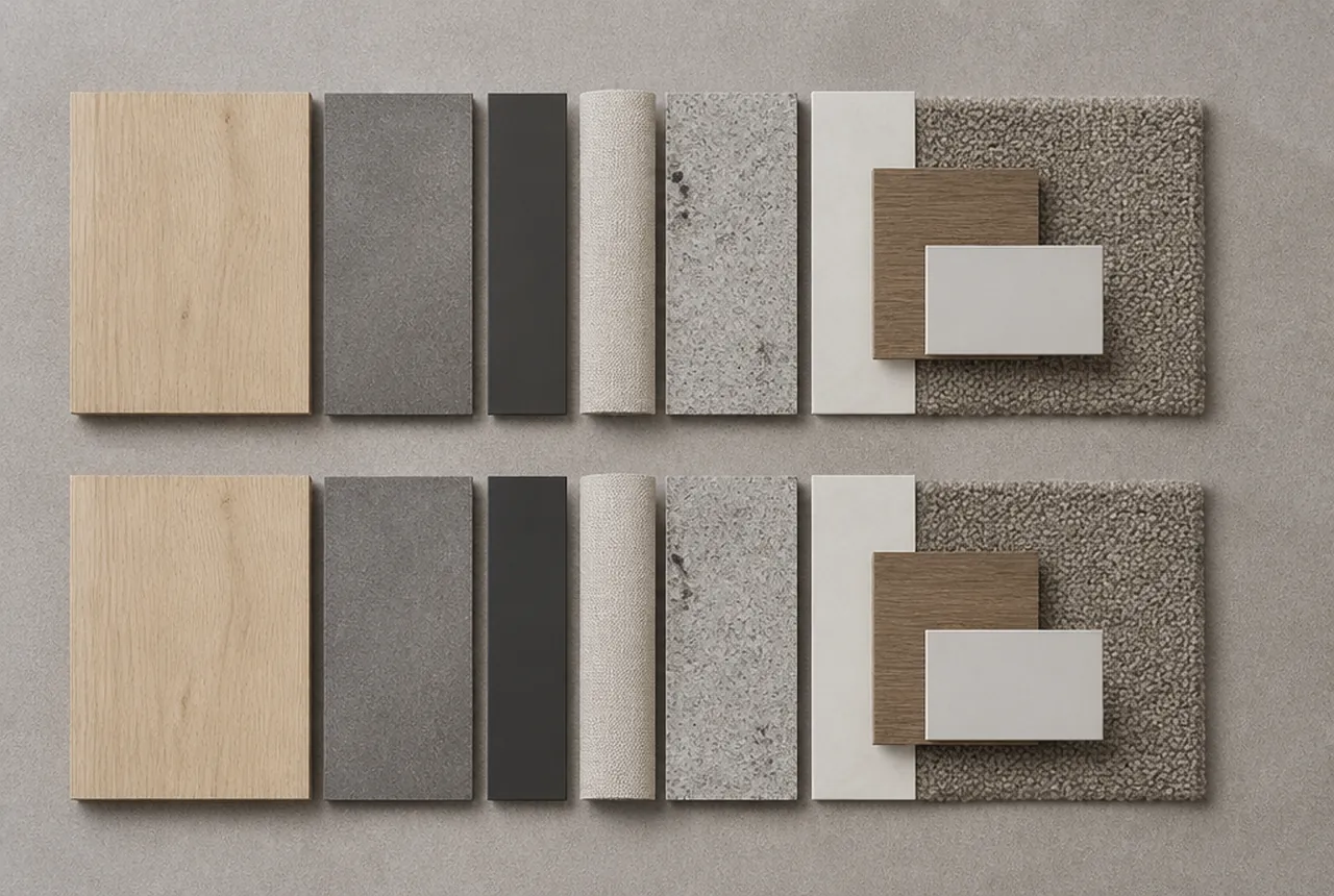 Two rows of wood, upholstery, and other material samples
