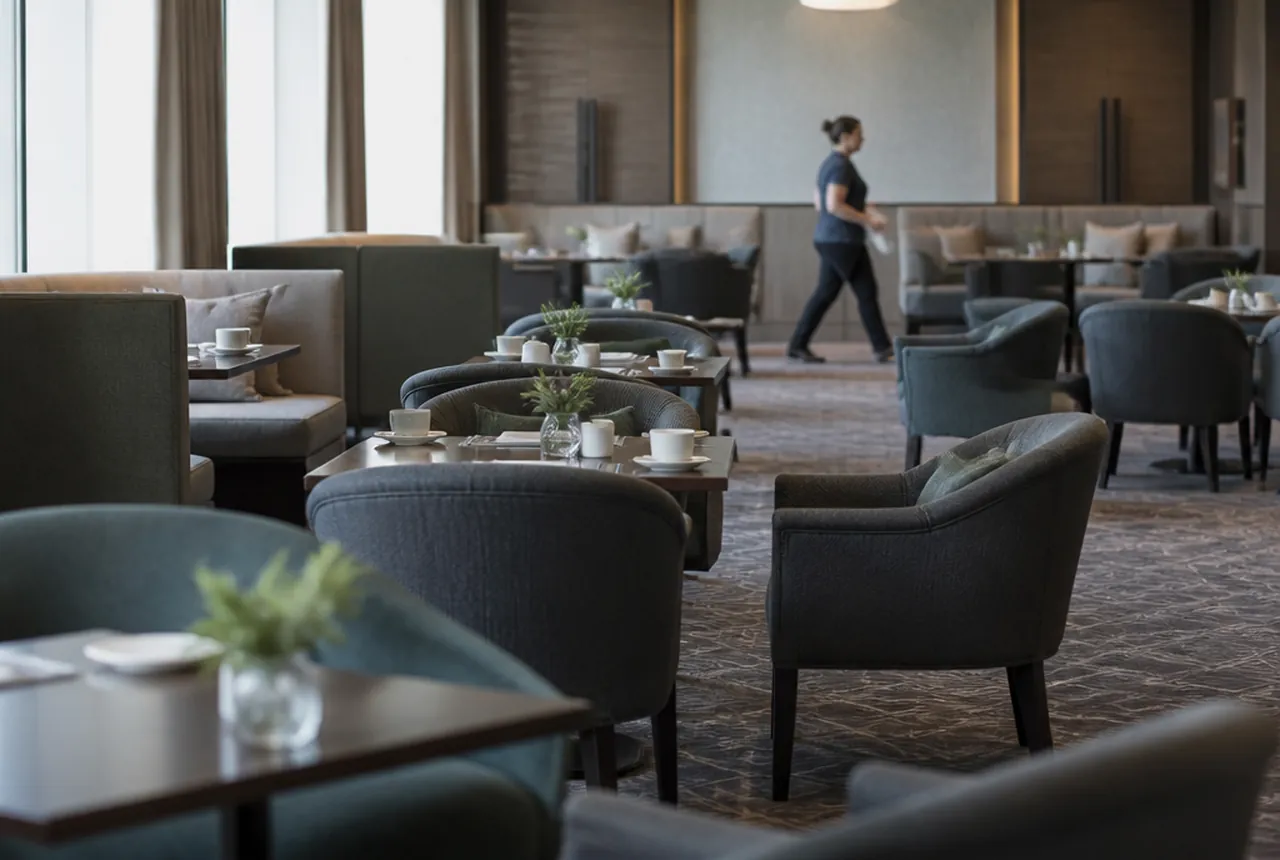 A hospitality dining space with upholstered chairs, tables and banquette seating