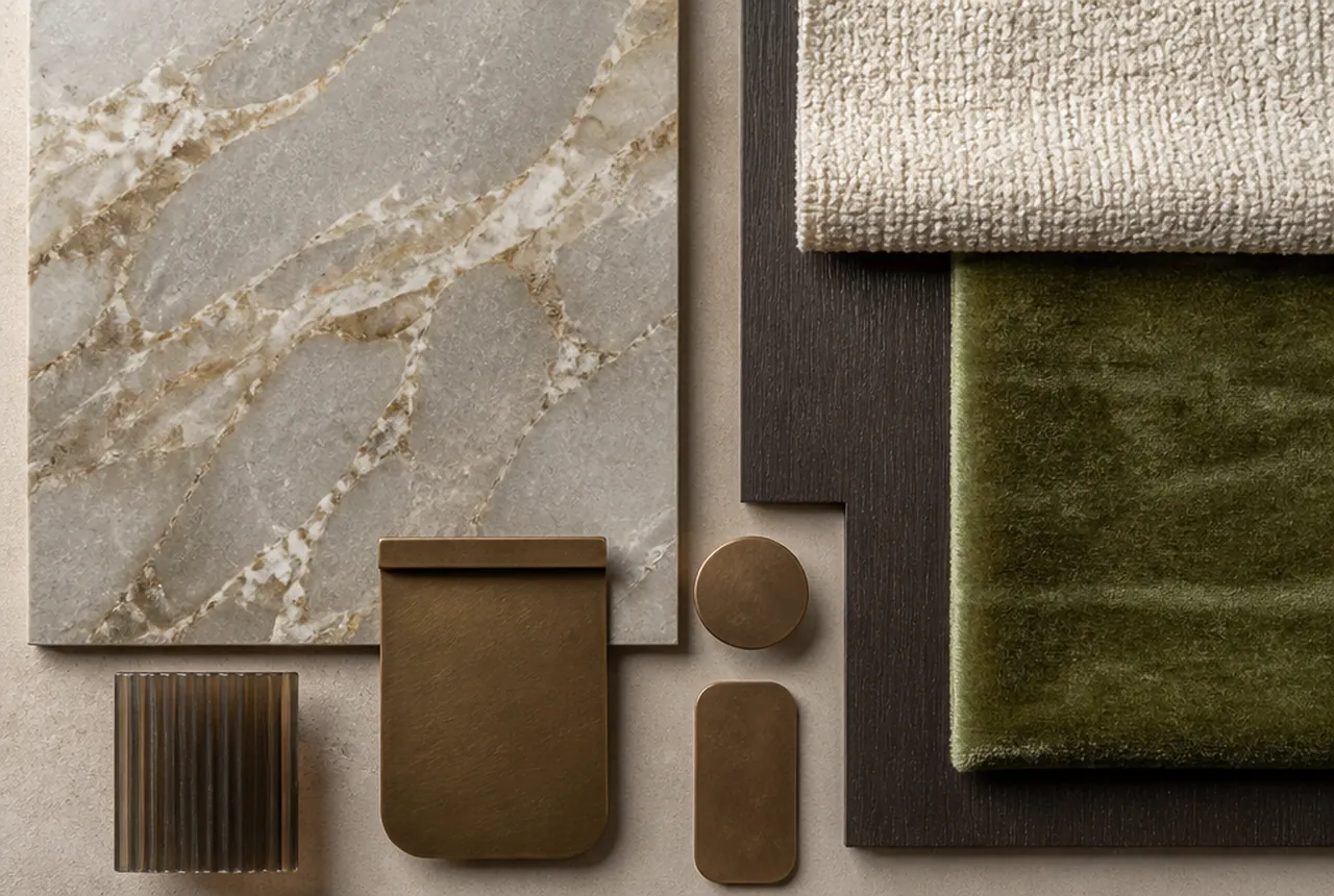 Hotel lobby materials board with stone, metal finish chips and lounge seating upholstery