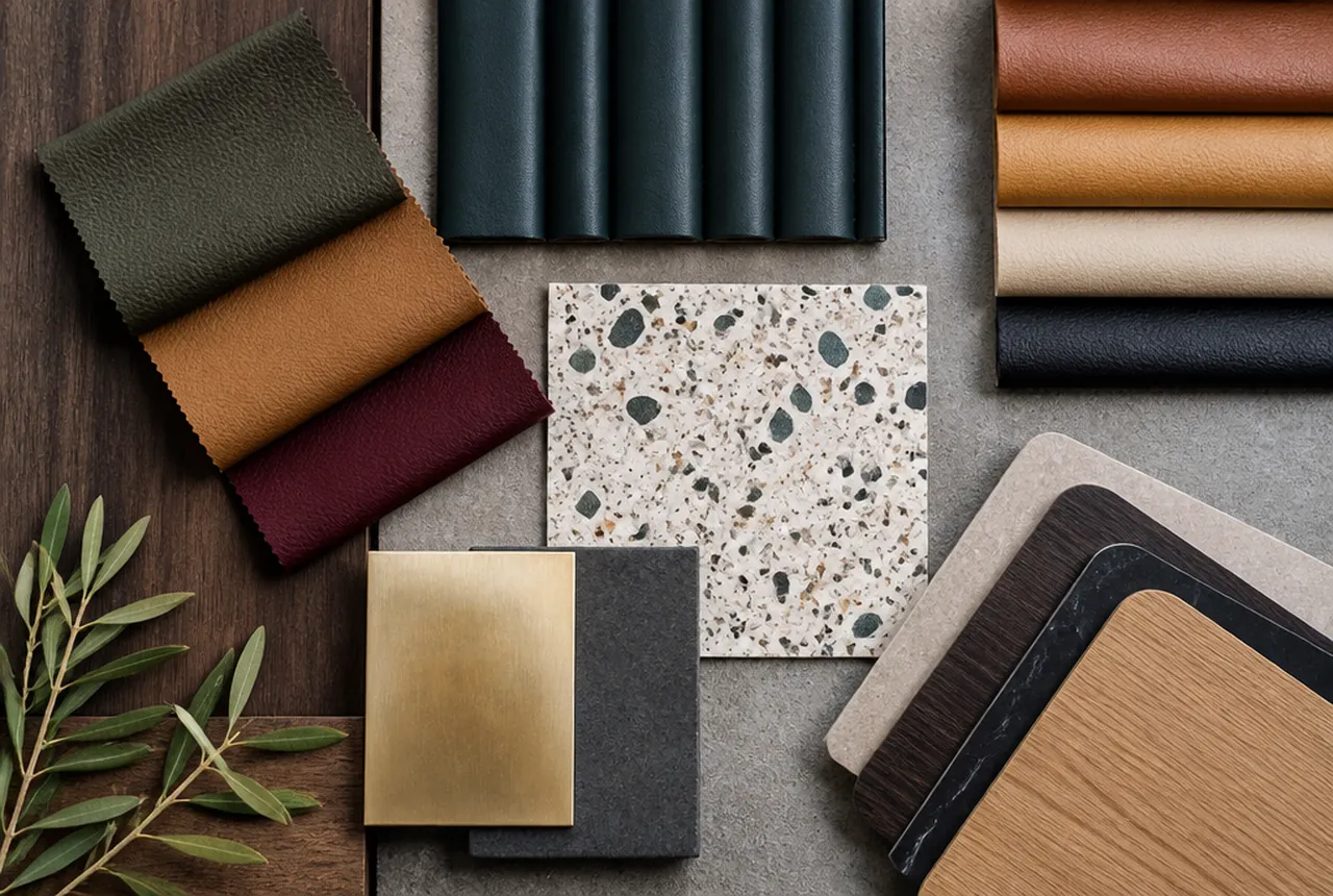 Restaurant materials board with banquette coated fabric, timber and worktop samples