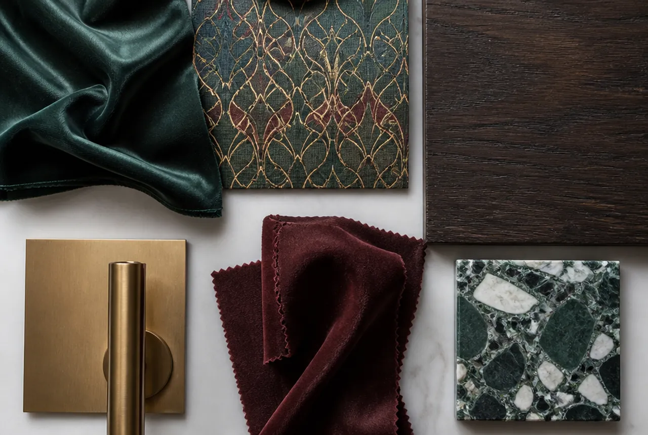 Boutique hotel materials palette mixing velvet, patterned tile and aged brass