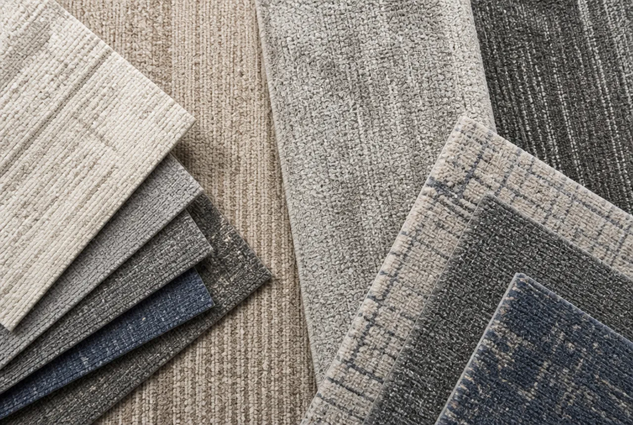 Commercial carpet samples showing loop, cut pile and patterned constructions