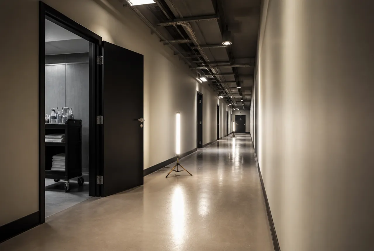 A long service corridor with exposed ceiling services and an open lift doorway on the left
