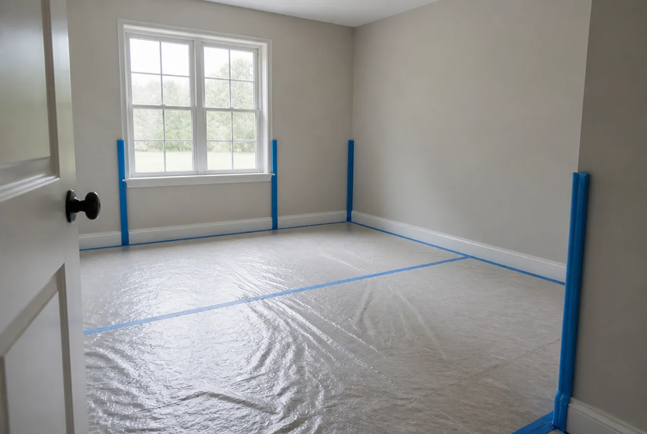An empty room with a window, protective floor sheeting and blue protection at wall corners