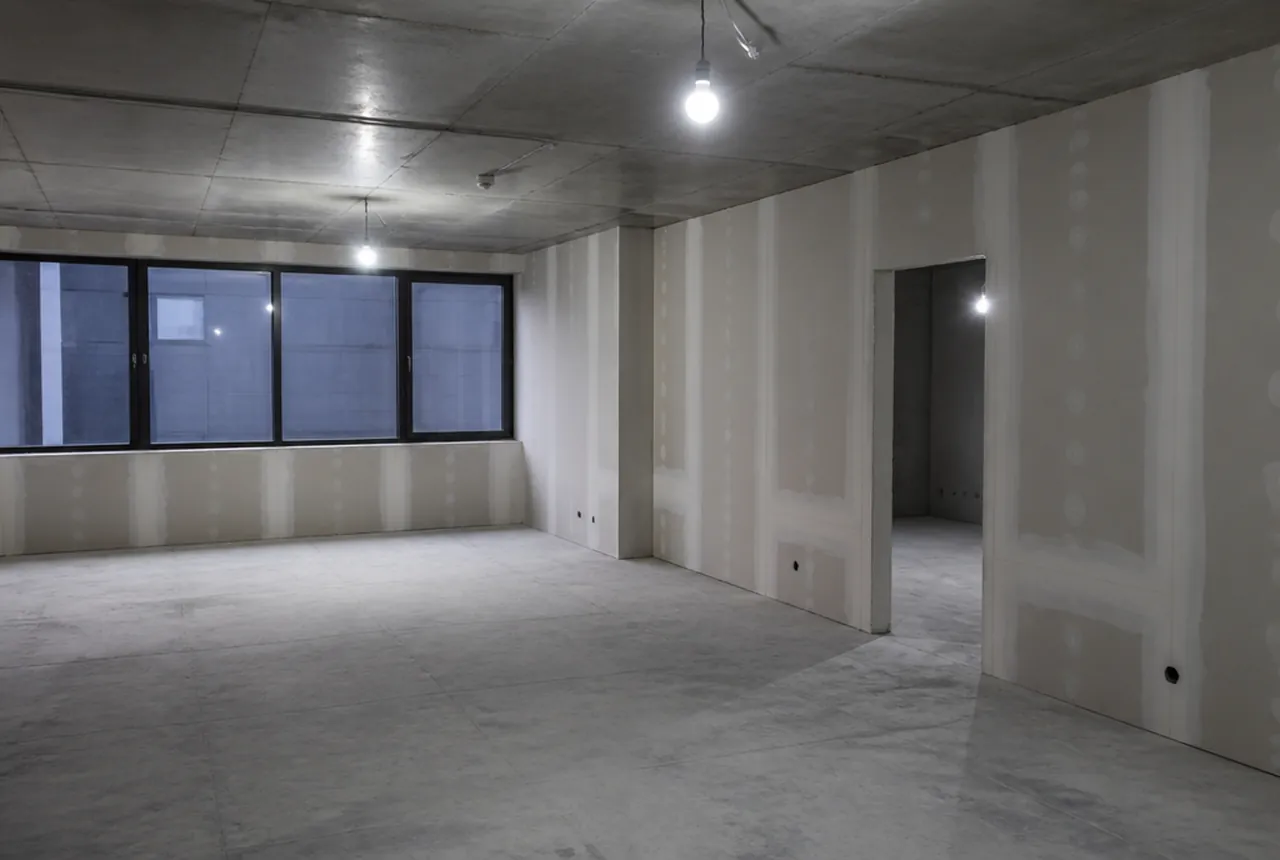 An unfinished room with exposed ceiling services, temporary lamps and unpainted wall joints