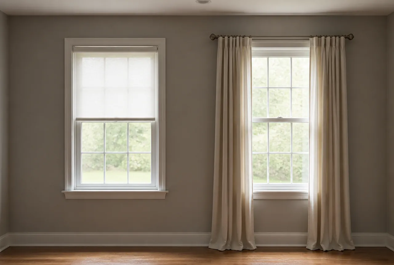 Two identical plain windows side by side in a bare room, one with a simple roller shade and one with lined drapery on a decorative rod