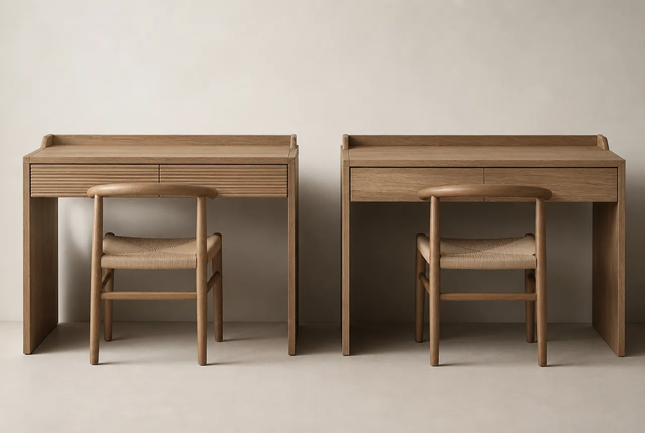 Two complete guest room desks side by side on pale seamless in near identical wood tones under matched studio light