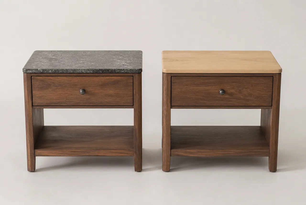 Two nightstands side by side on pale seamless with visibly different top materials under matched even light