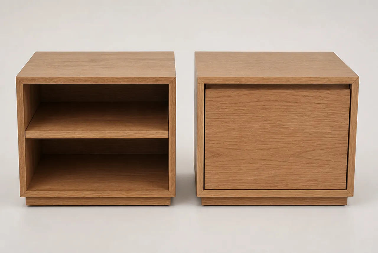 Two nightstands side by side on pale seamless, one an open cube with a shelf and one with a closed drawer front