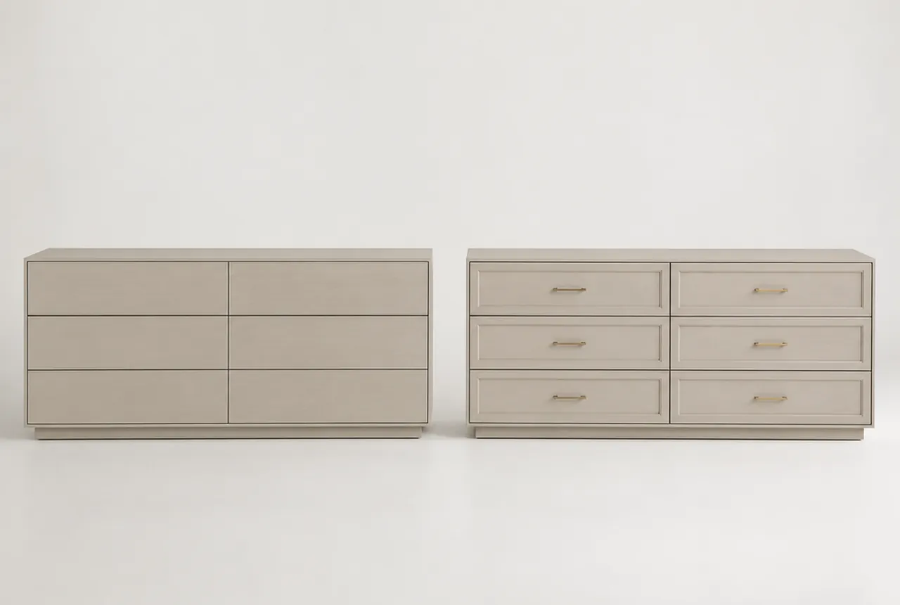 Two long dressers side by side on pale seamless, one with plain flush fronts and one with applied moulding and visible hardware