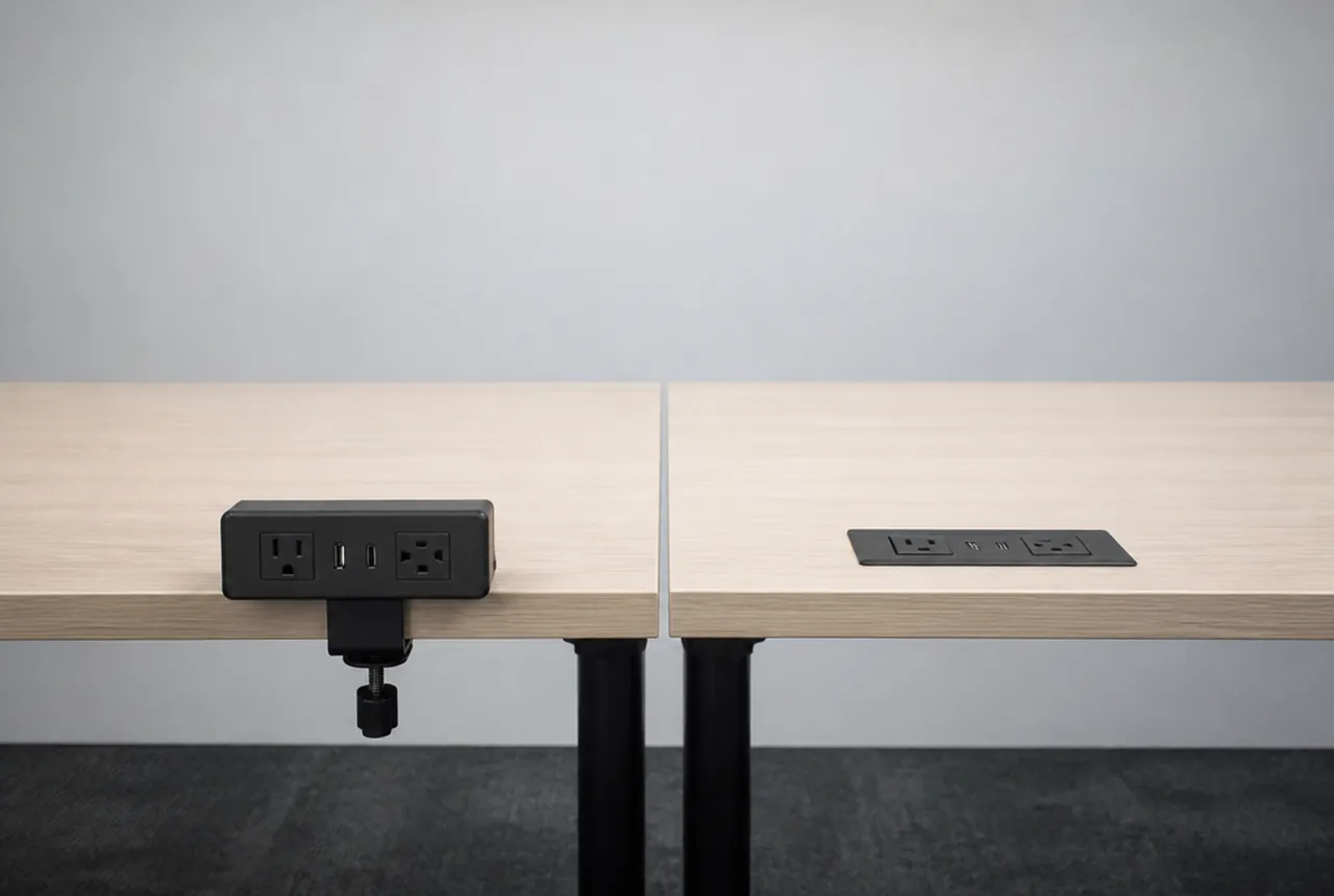 Two desks side by side in a plain room, one with a power block clamped to the edge and one with a flush recessed module in the surface