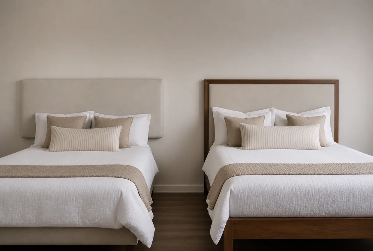 Two made up guest room bed setups side by side in a plain room, one headboard floating on the wall and one joined to the bed frame