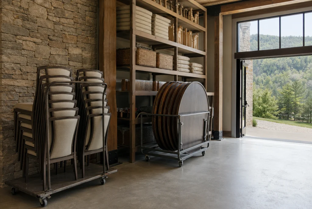Chairs and round tables stored on wheeled carts beside shelving
