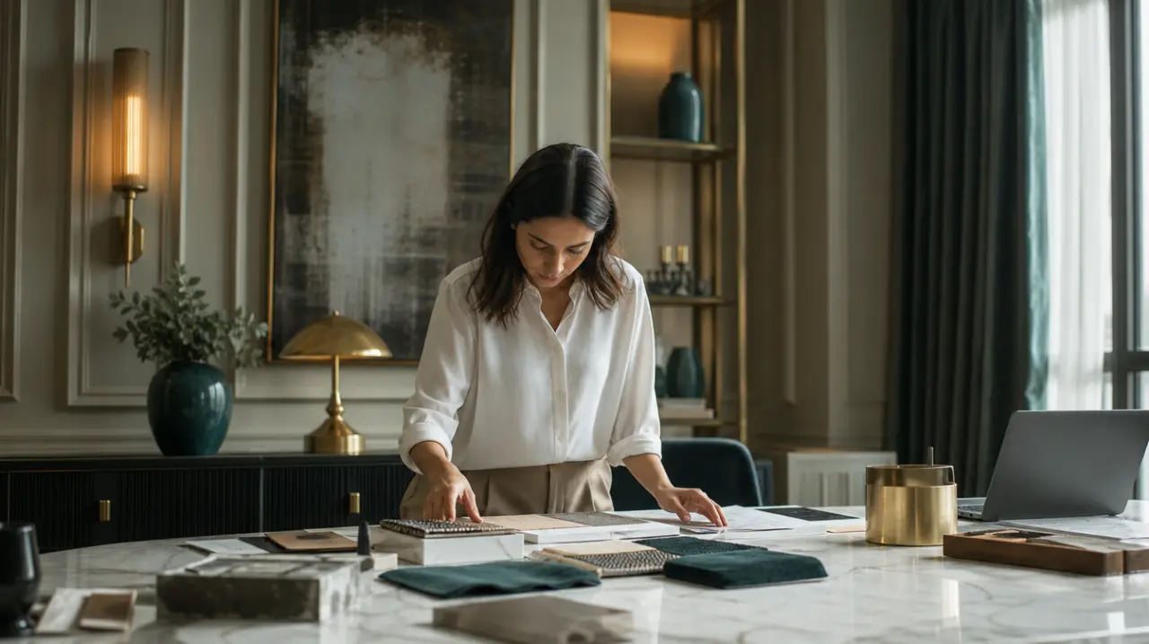 A woman in a white shirt reviewing papers and material samples at a marble table