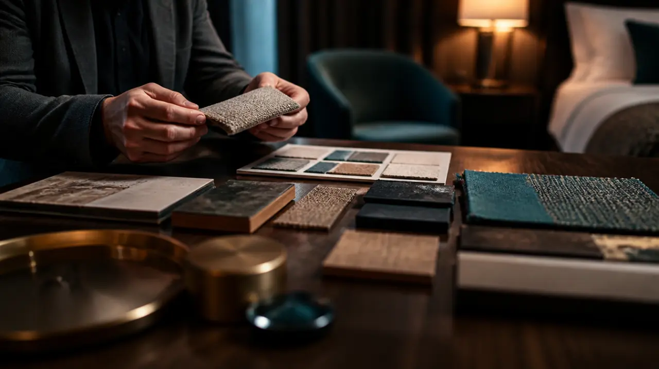 Hands holding a textured fabric sample above wood, fabric and other material references