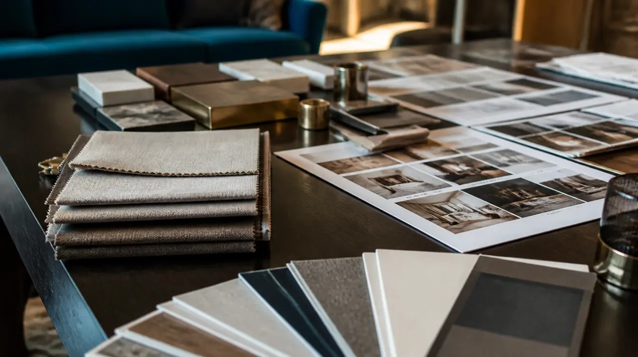 Fabric books, wood and stone samples, and printed interior references spread across a table