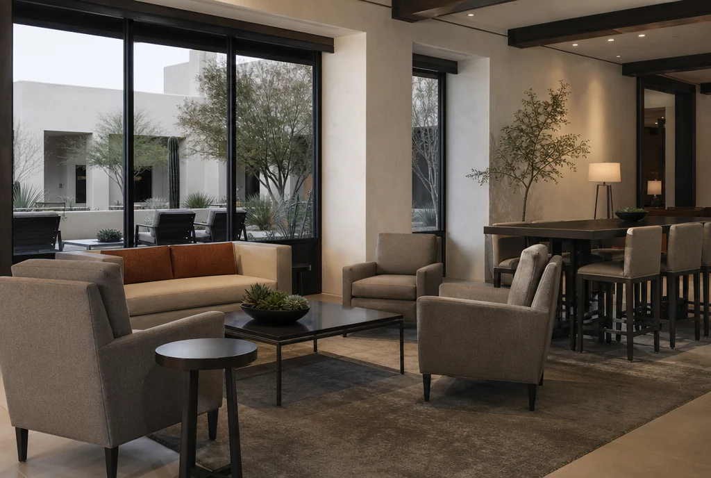Arizona hotel lounge furniture with coordinated seating and tables.