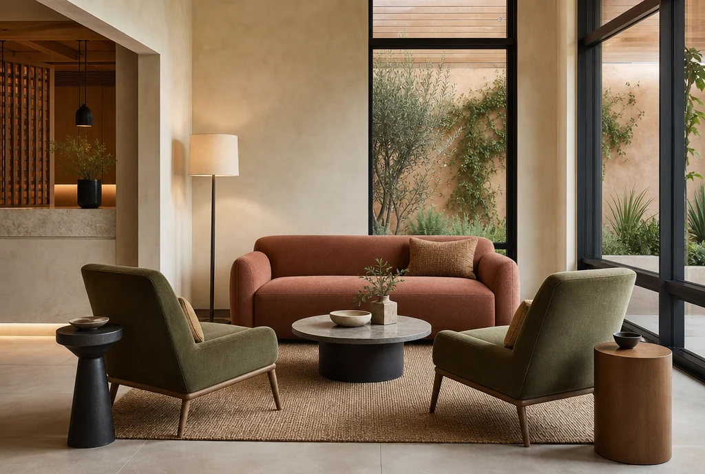 California hotel lobby furniture with coordinated seating and tables.