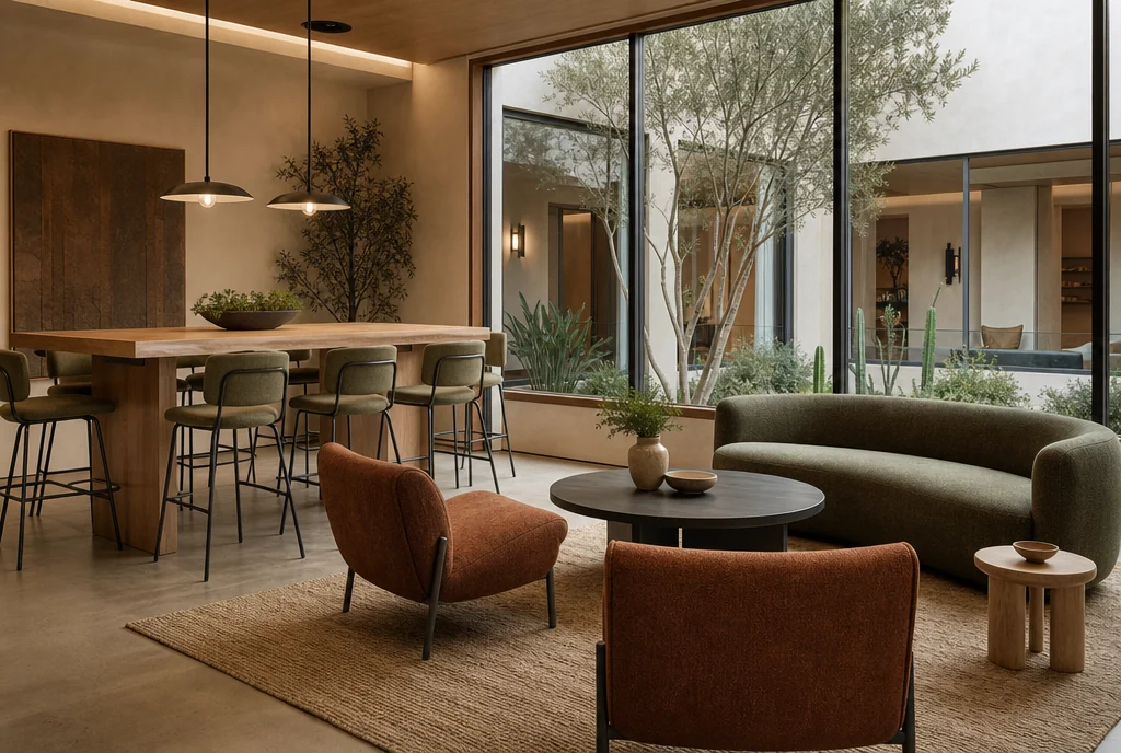California hotel lounge furniture with coordinated seating and tables.