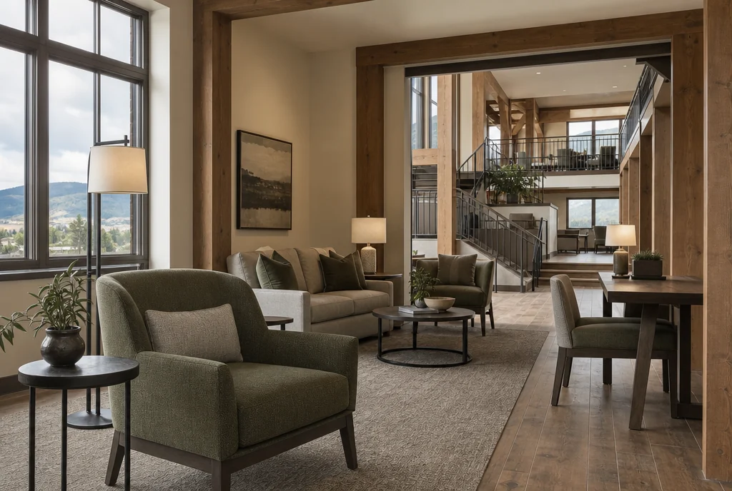 Colorado hotel lounge furniture with coordinated seating and tables.