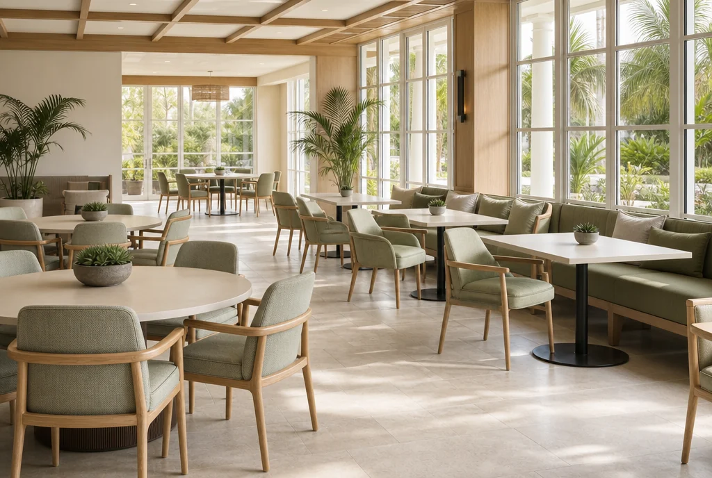 Florida hotel dining furniture with coordinated seating and tables.