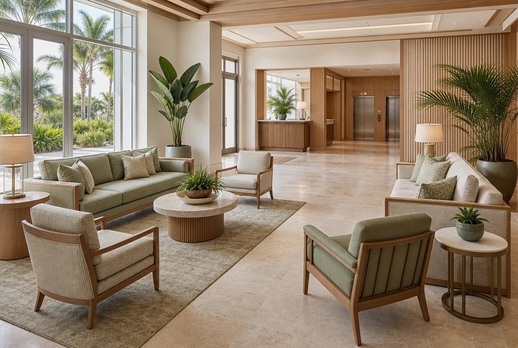 Florida hotel lobby furniture with coordinated seating and tables.