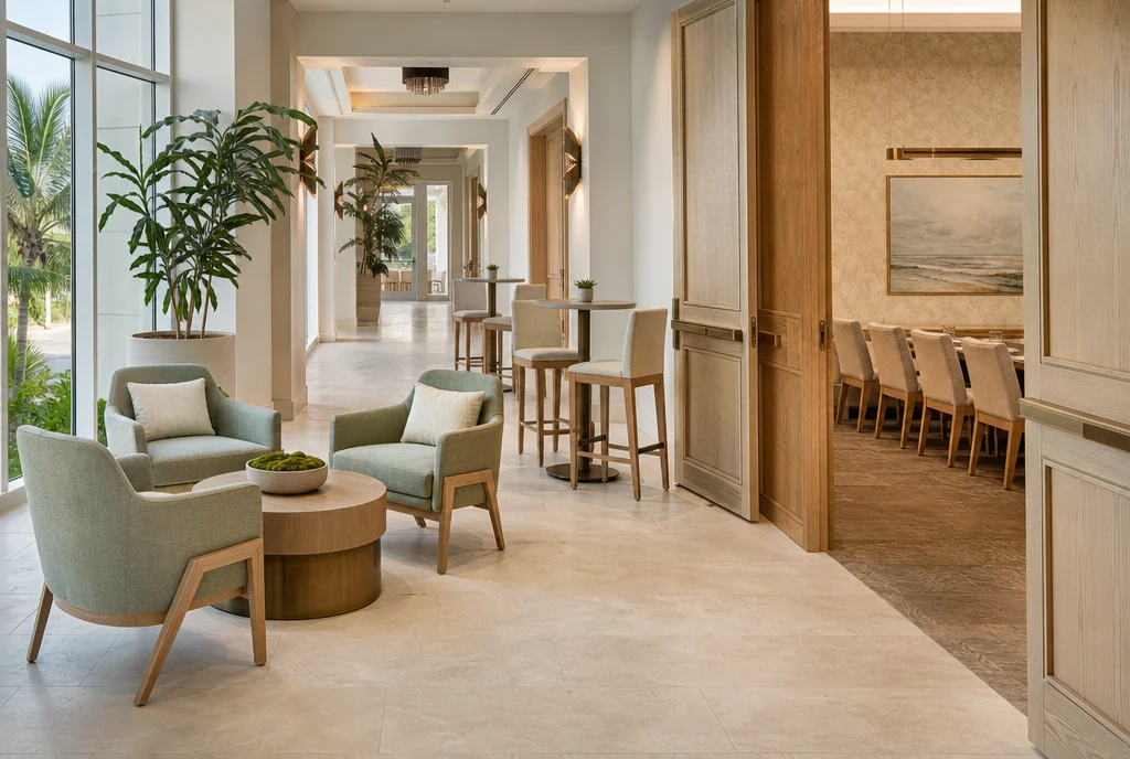 Florida hotel meeting-area furniture with coordinated seating and tables.