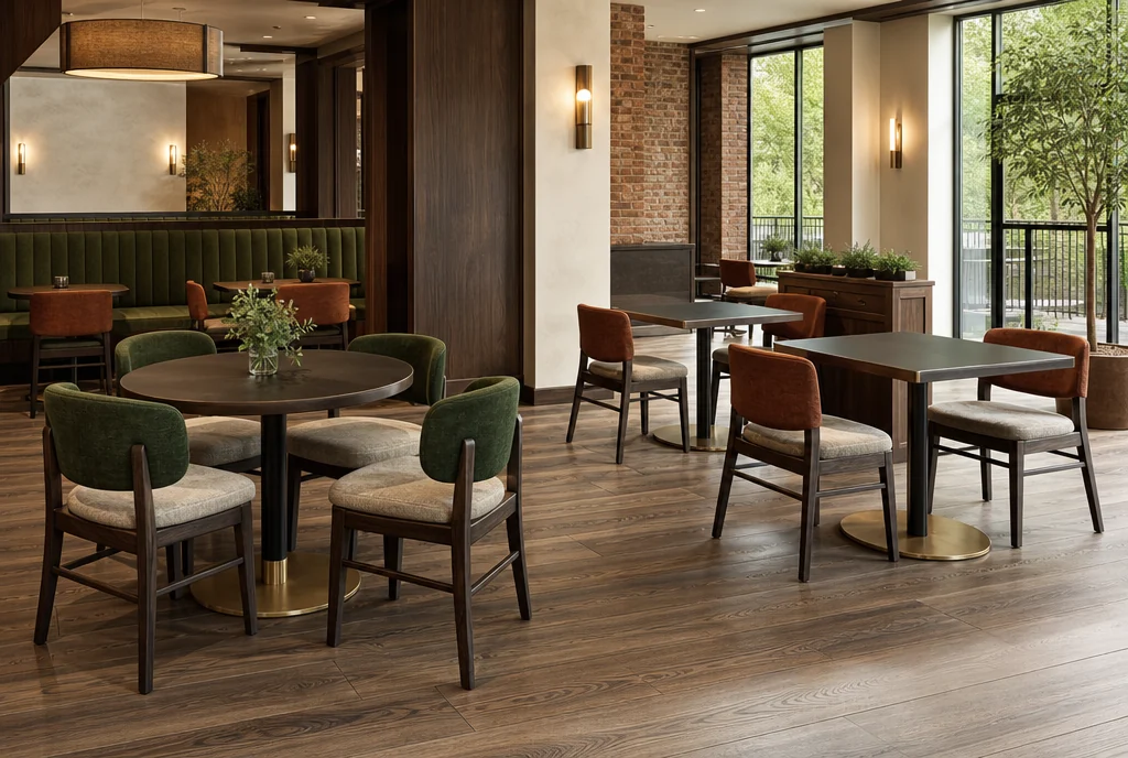 Georgia hotel dining furniture with coordinated seating and tables.