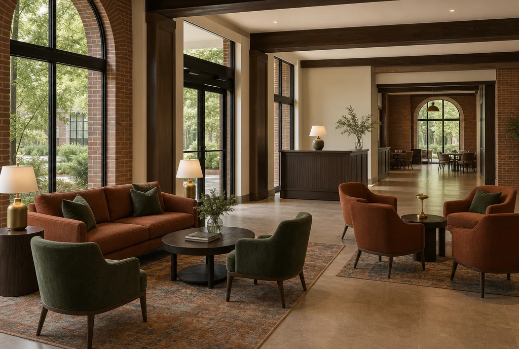 Georgia hotel lobby furniture with coordinated seating and tables.