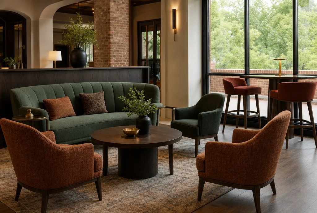 Georgia hotel lounge furniture with coordinated seating and tables.
