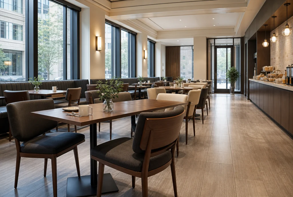Illinois hotel dining furniture with coordinated seating and tables.