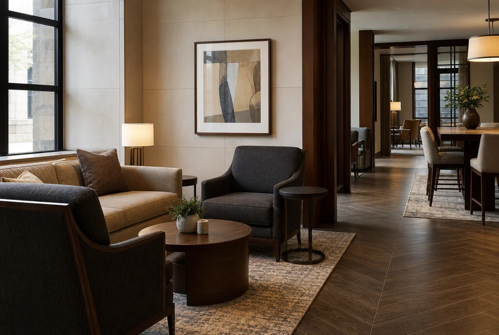 Illinois hotel lounge furniture with coordinated seating and tables.