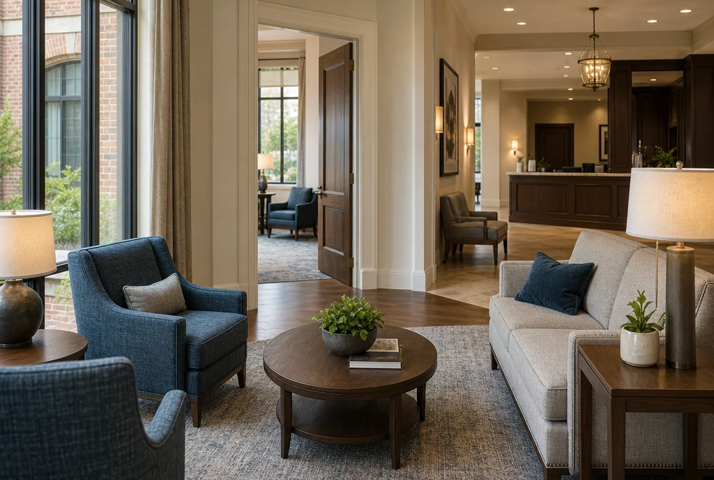 Maryland hotel lobby furniture with coordinated seating and tables.
