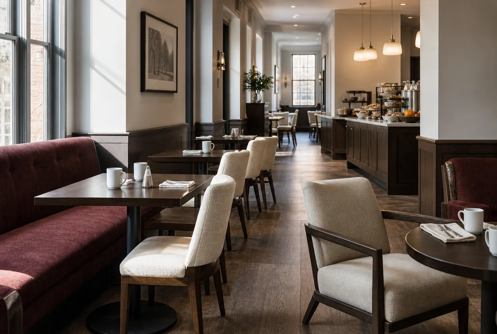 Massachusetts hotel dining furniture with coordinated seating and tables.