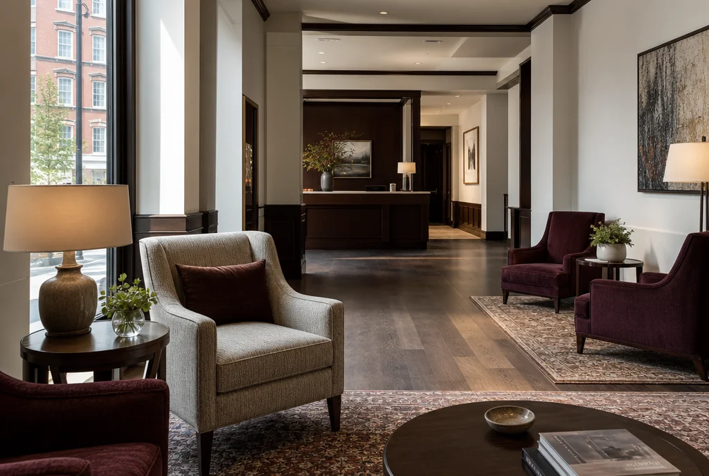 Massachusetts hotel lobby furniture with coordinated seating and tables.
