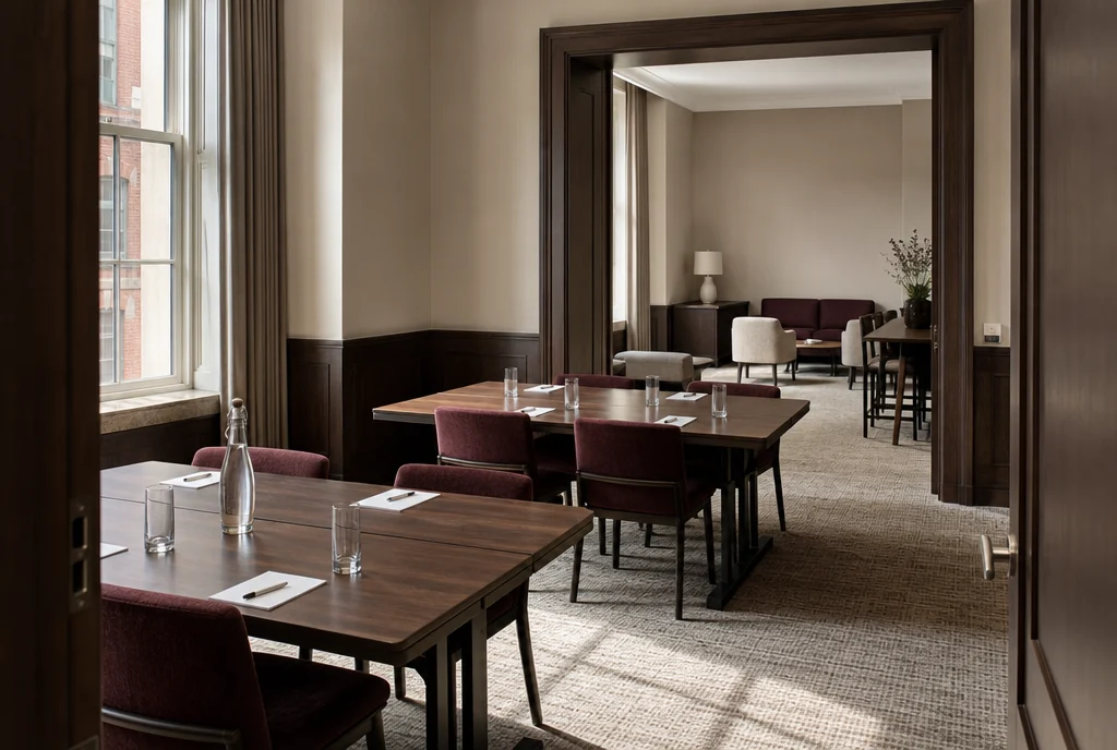 Massachusetts hotel meeting furniture with coordinated seating and tables.