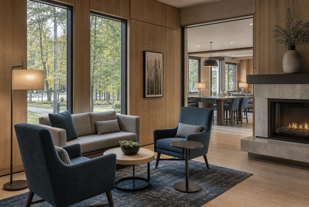 Michigan hotel lounge furniture with coordinated seating and tables.