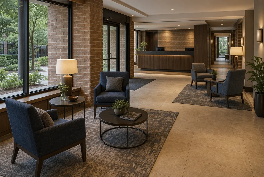 New Jersey hotel lobby furniture with coordinated seating and tables.