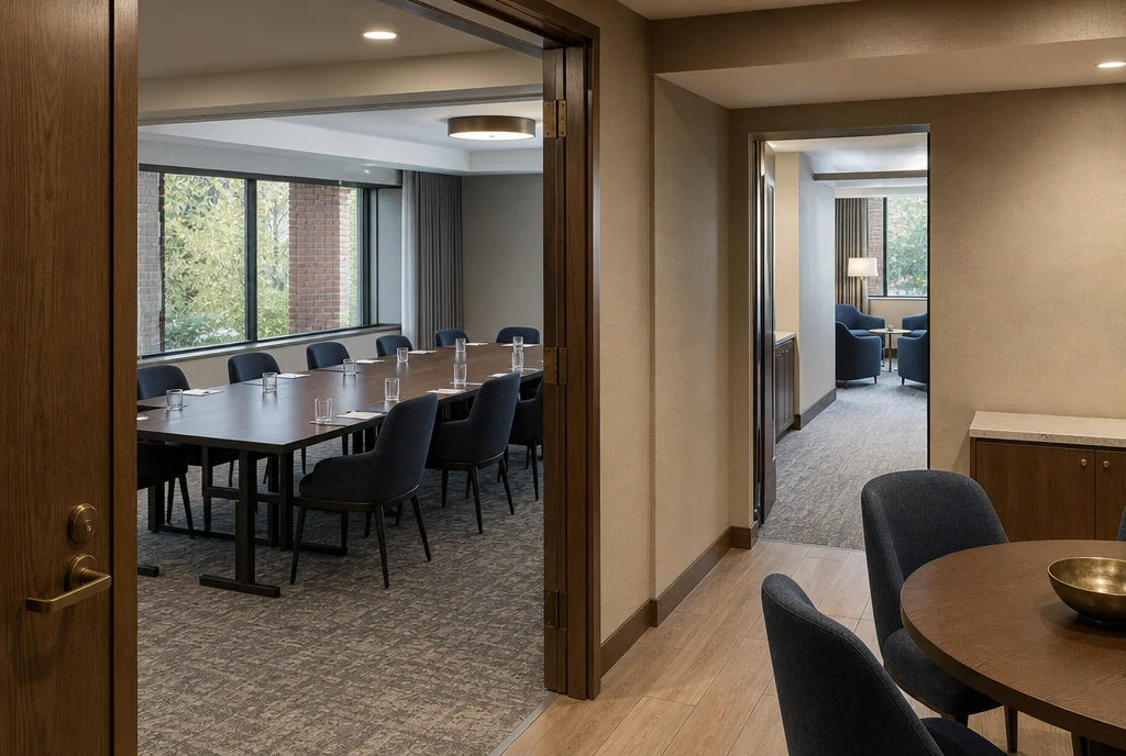 New Jersey hotel meeting furniture with coordinated seating and tables.
