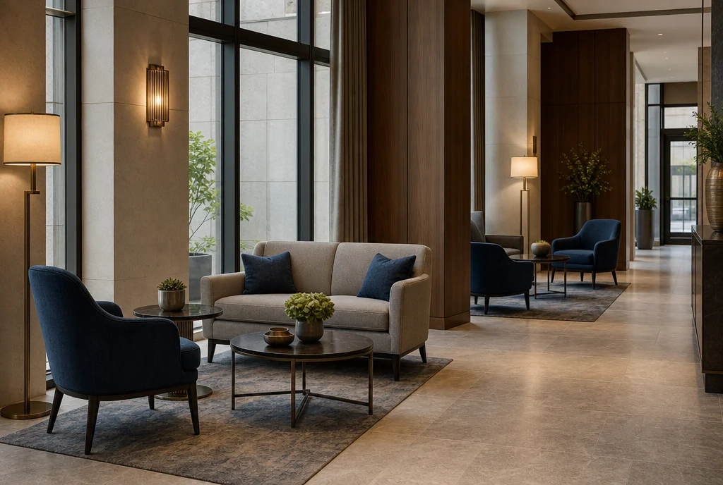 New York hotel lobby furniture with coordinated seating and tables.