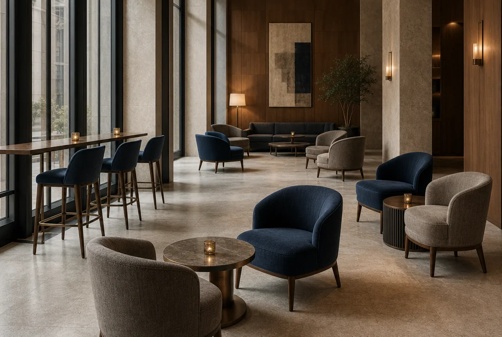 New York hotel lounge furniture with coordinated seating and tables.