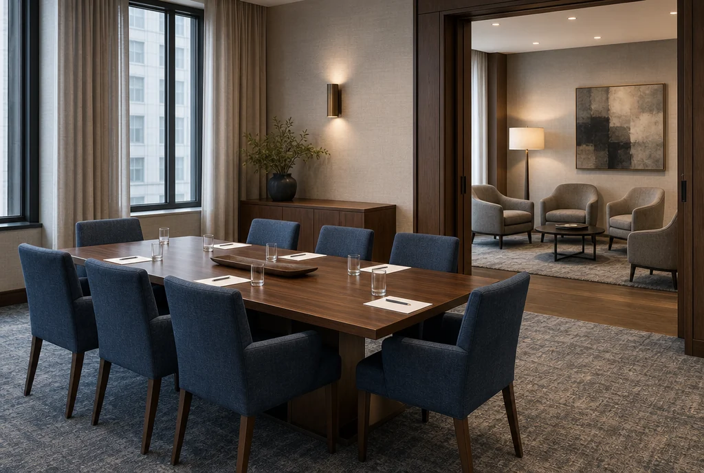 New York hotel meeting-area furniture with coordinated seating and tables.