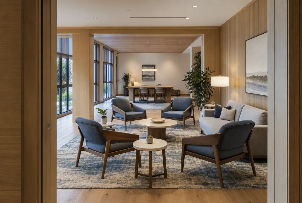 North Carolina hotel lounge furniture with coordinated seating and tables.